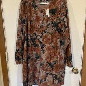 NWT Susan Graver 1X Metallic Floral Long Button-Front Cardigan/2button closure